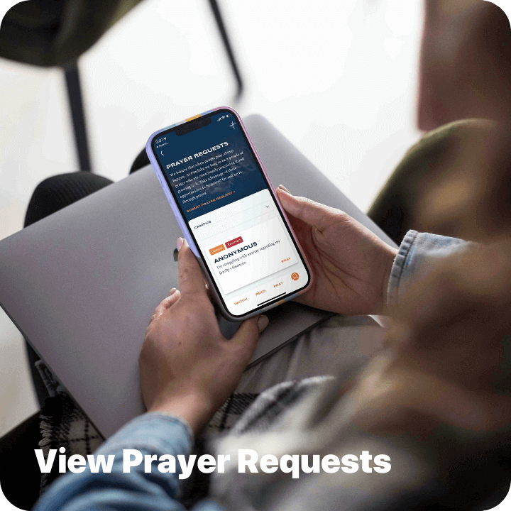 Women looking at prayer requests on the Pinelake App using her smartphone